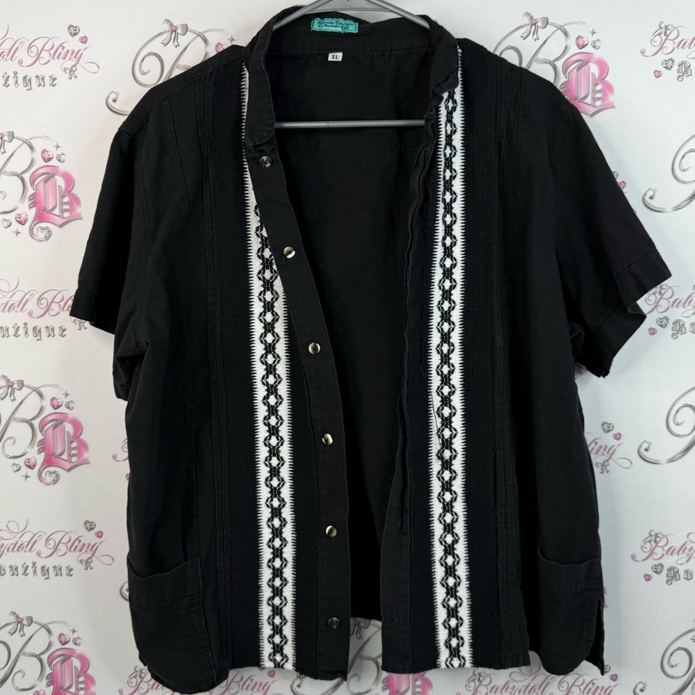 Aztec shirt white vintage boho Men's Black Button-Up Shirt with White Accents